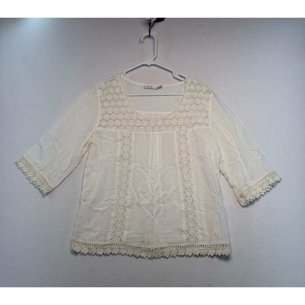 Solitaire women’s white cotton lace petite Medium Blouse office feminine boho